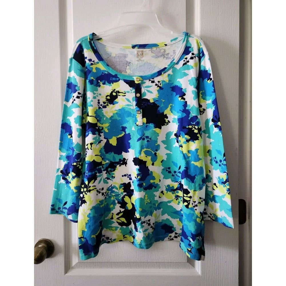 Anne klein Women's Floral Top Round Neck Long Sleeve Cotton Blue Green Size XL